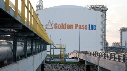 Golden Pass LNG storage tank with branded logo displayed on the exterior at an industrial terminal facility